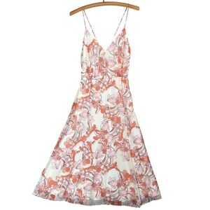 Reiss Pippa Floral Midi Dress White Pink Orange V-Neck Sleeveless Size USA 8